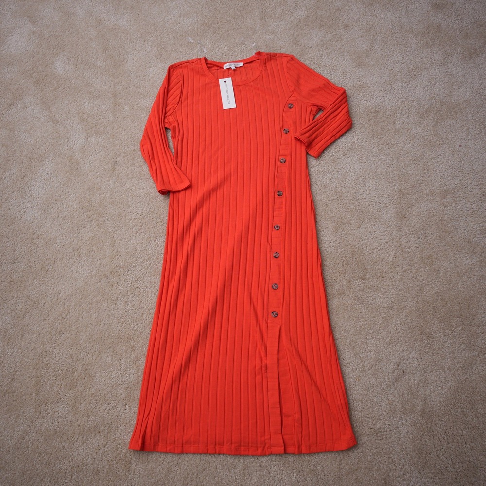 Madison + Hudson Women Ribbed Maxi Dress Orange Side Button Long Sleeve New L